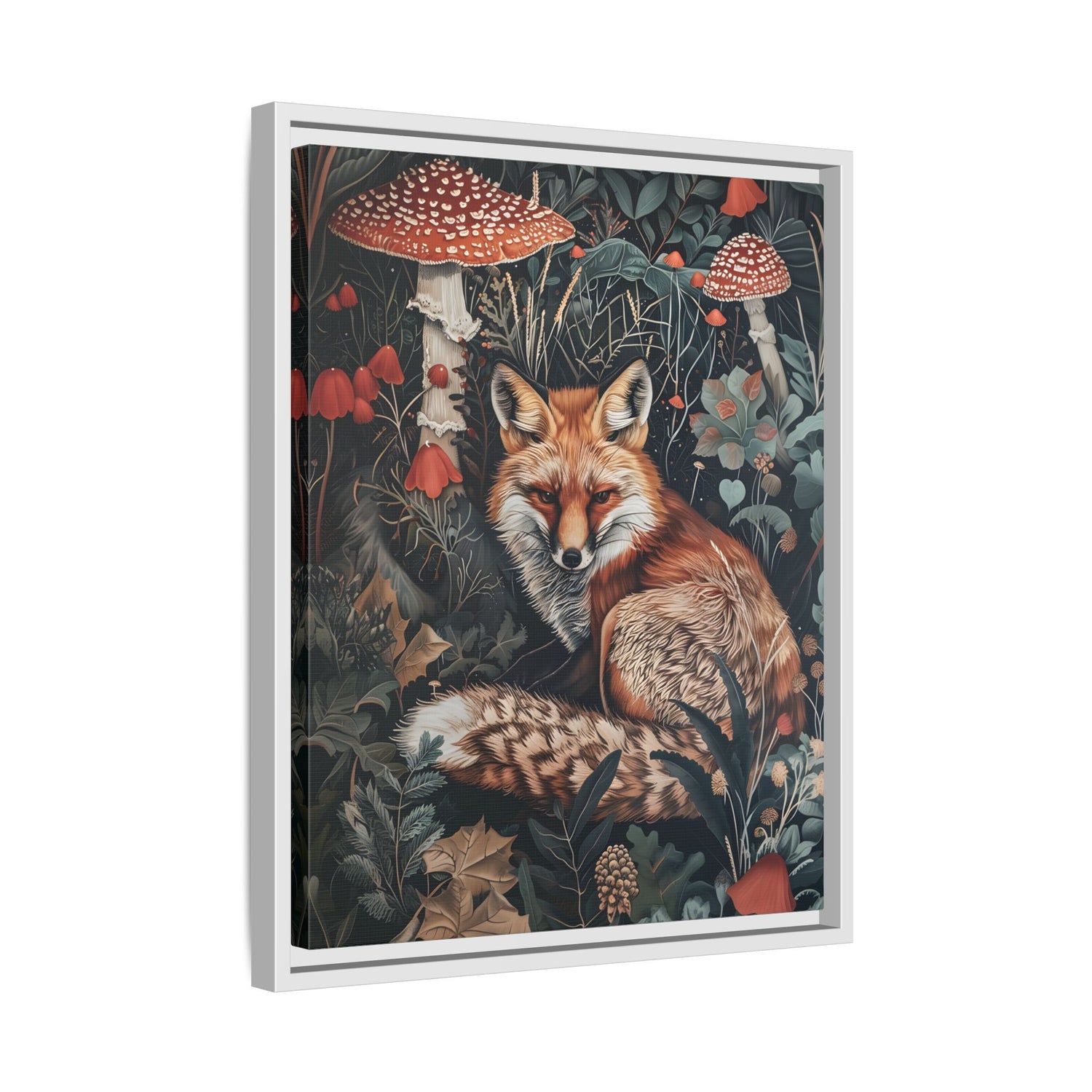 Framed Canvas - Forest Fox with Mushrooms