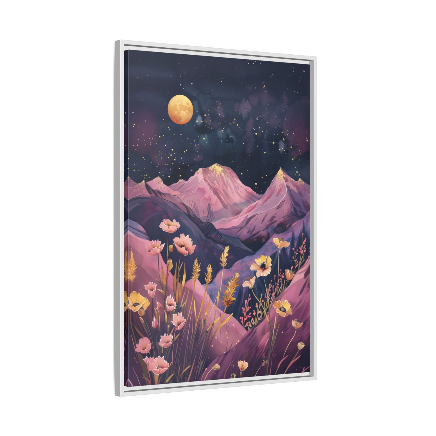 Framed Canvas - Golden Moon Over Lavender Peaks