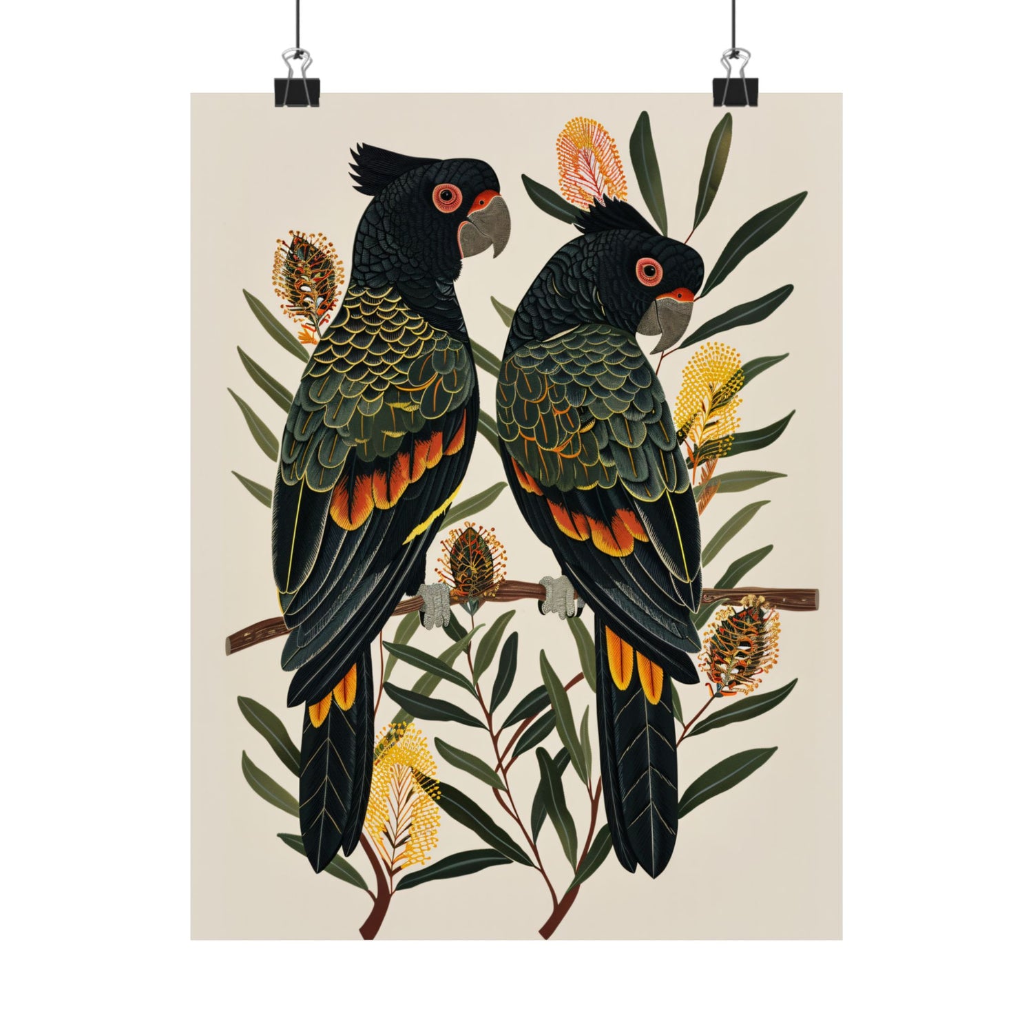Black Cockatoos Among Banksia