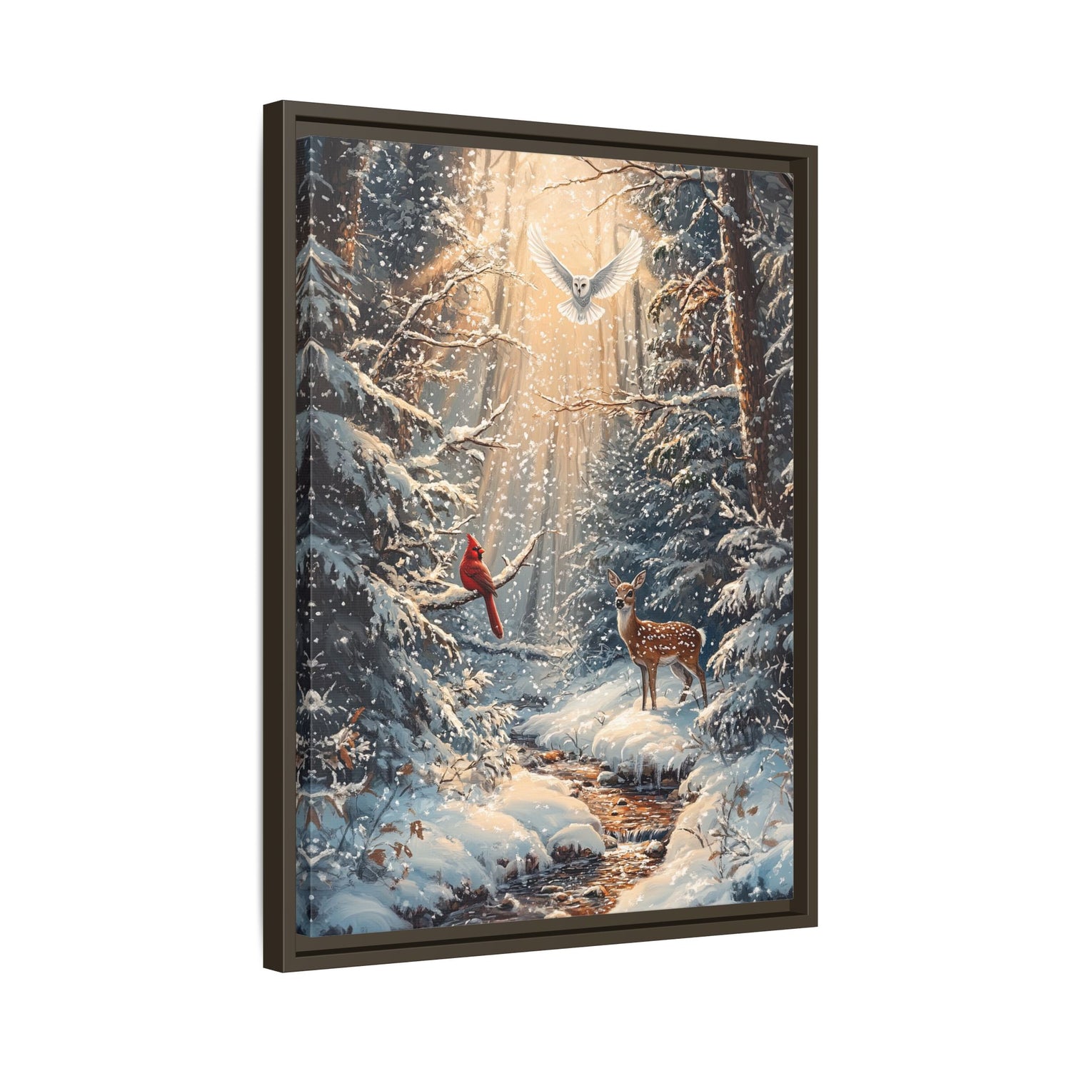 Framed Canvas - Winter Cardinal Deer Owl
