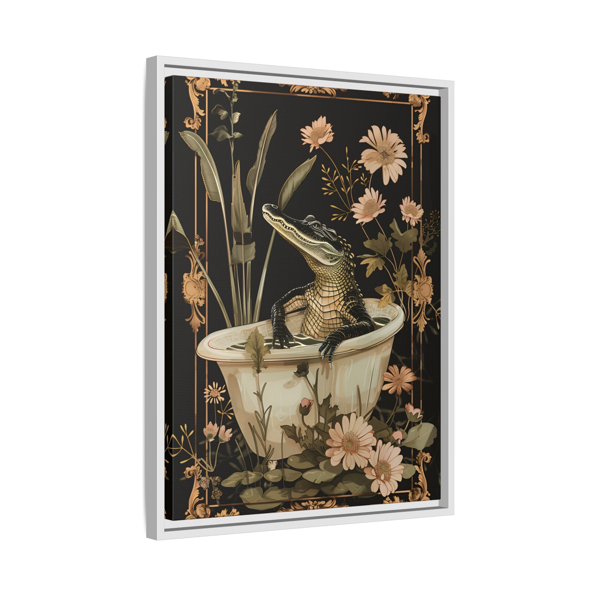 Framed Canvas - Crocodile in Bloom Bath Bliss