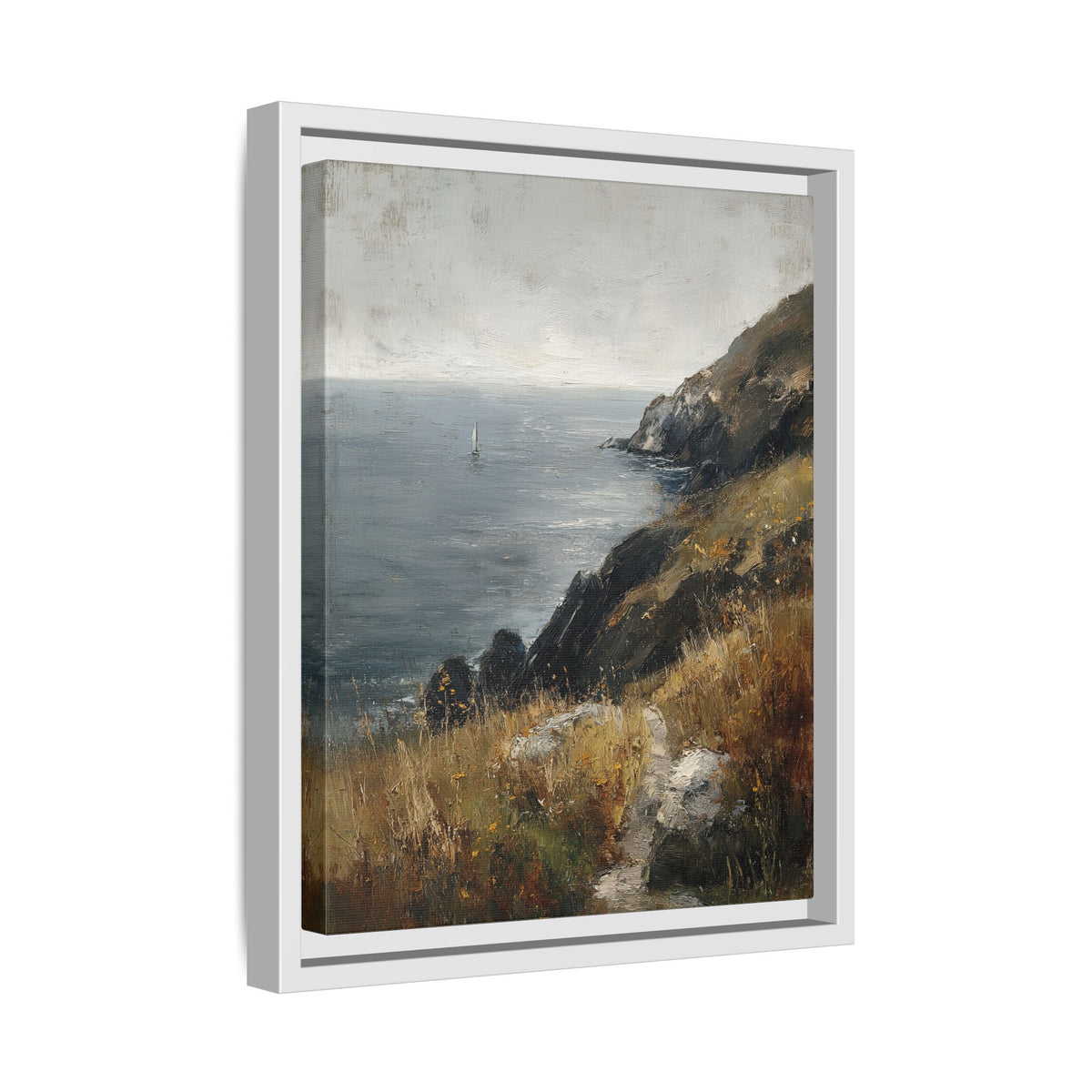 Framed Canvas - Cliffside Sailboat Seascape