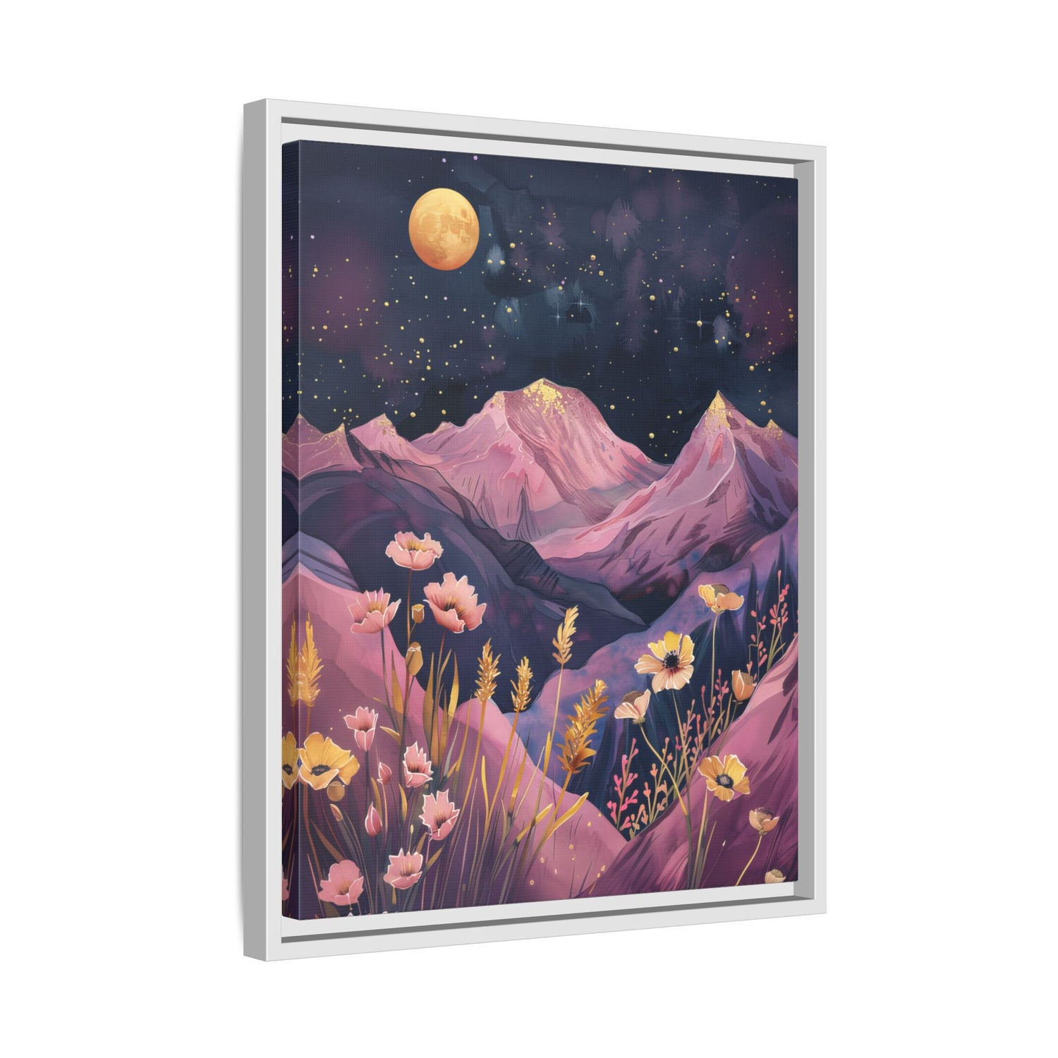 Framed Canvas - Golden Moon Over Lavender Peaks