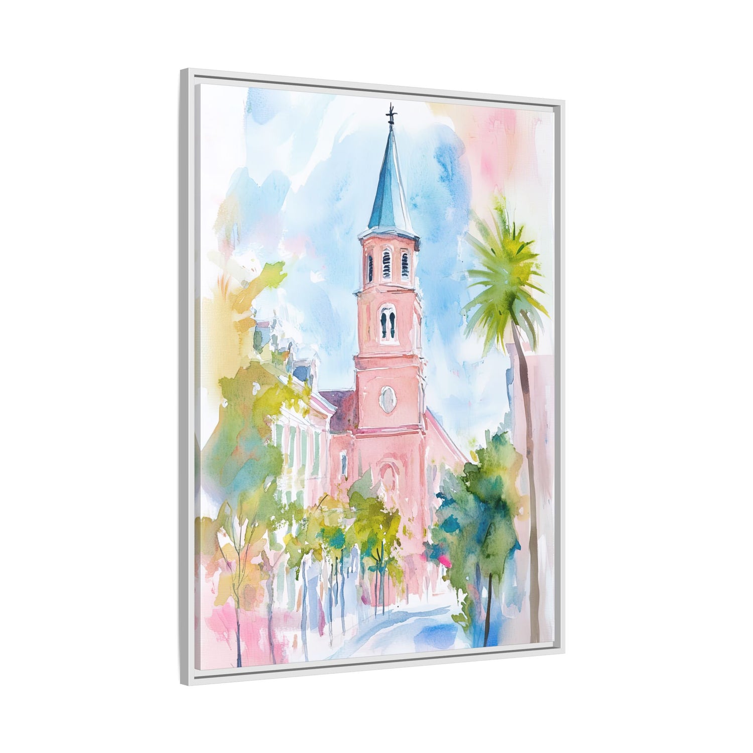 Framed Canvas - Charleston Steeple in Pastel Haze