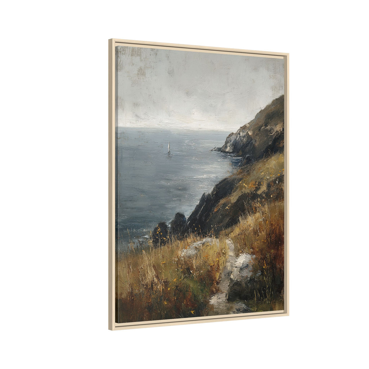 Framed Canvas - Cliffside Sailboat Seascape