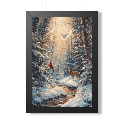 Framed Paper Print - Winter Cardinal Deer Owl