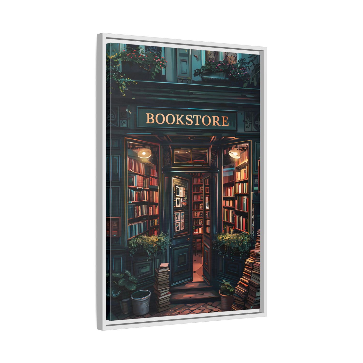 Framed Canvas - Midnight Bookstore Glow