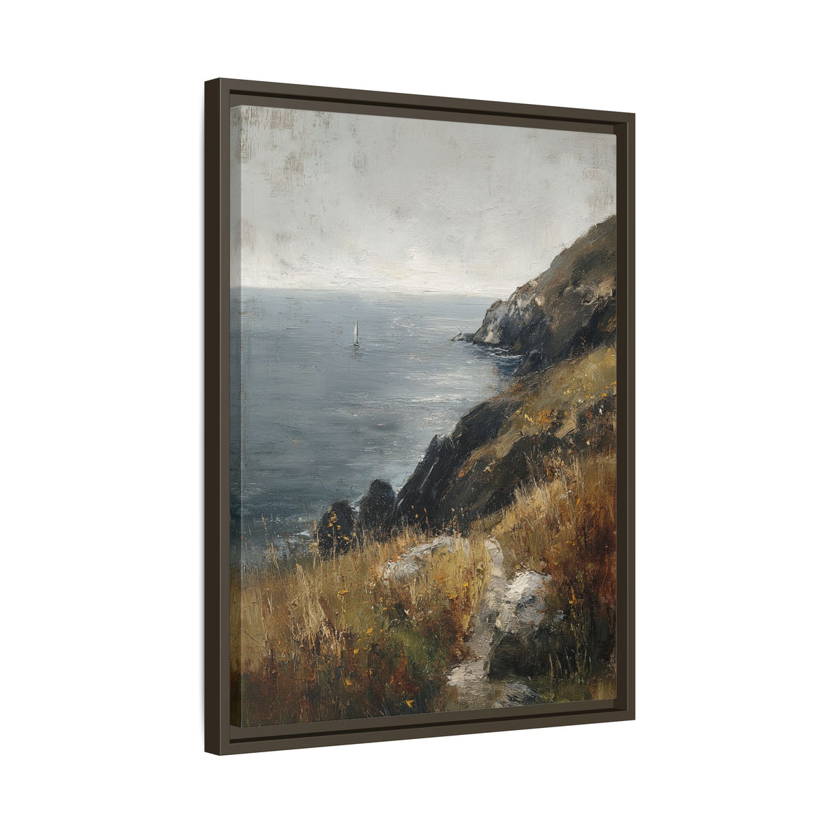 Framed Canvas - Cliffside Sailboat Seascape