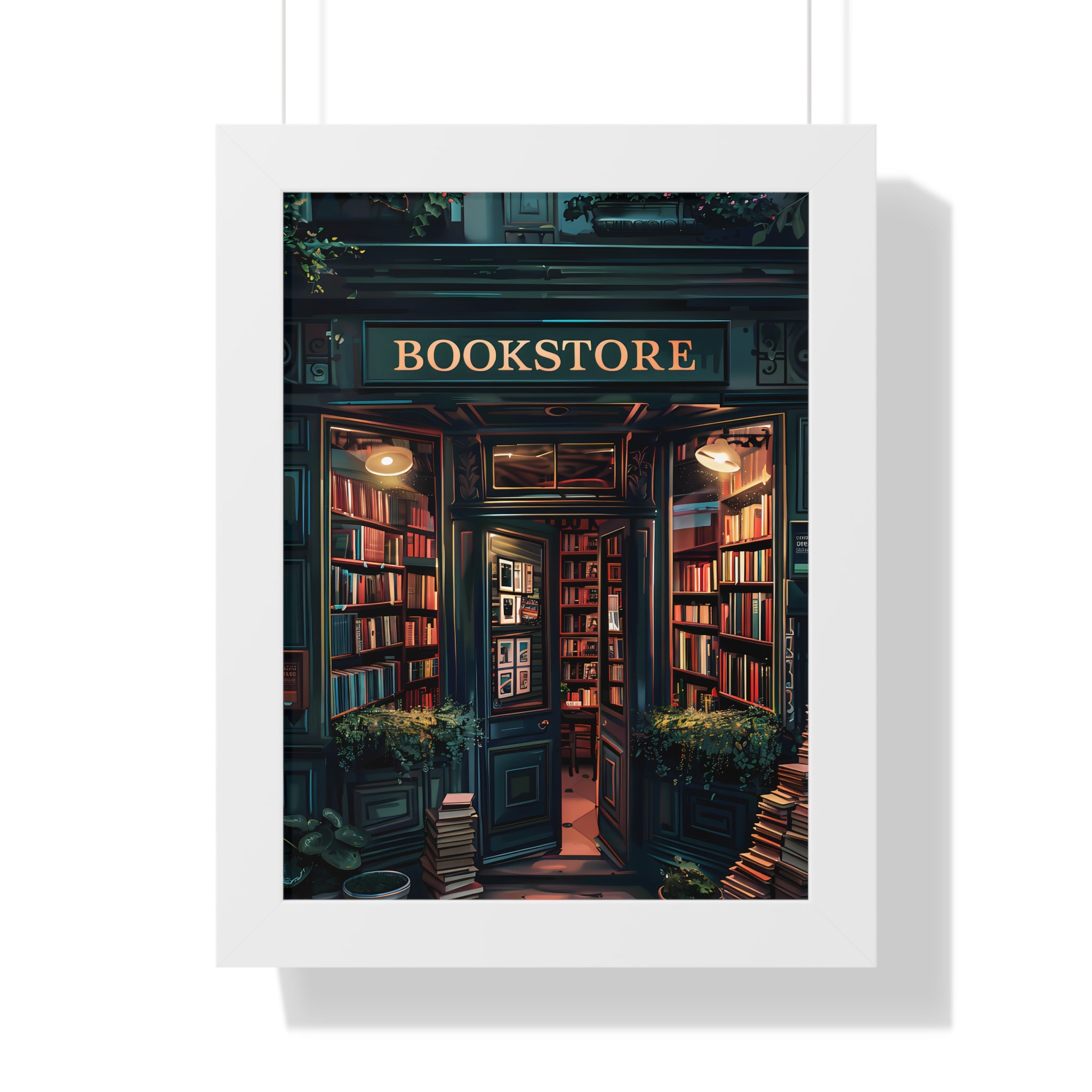 Framed Paper Print - Midnight Bookstore Glow