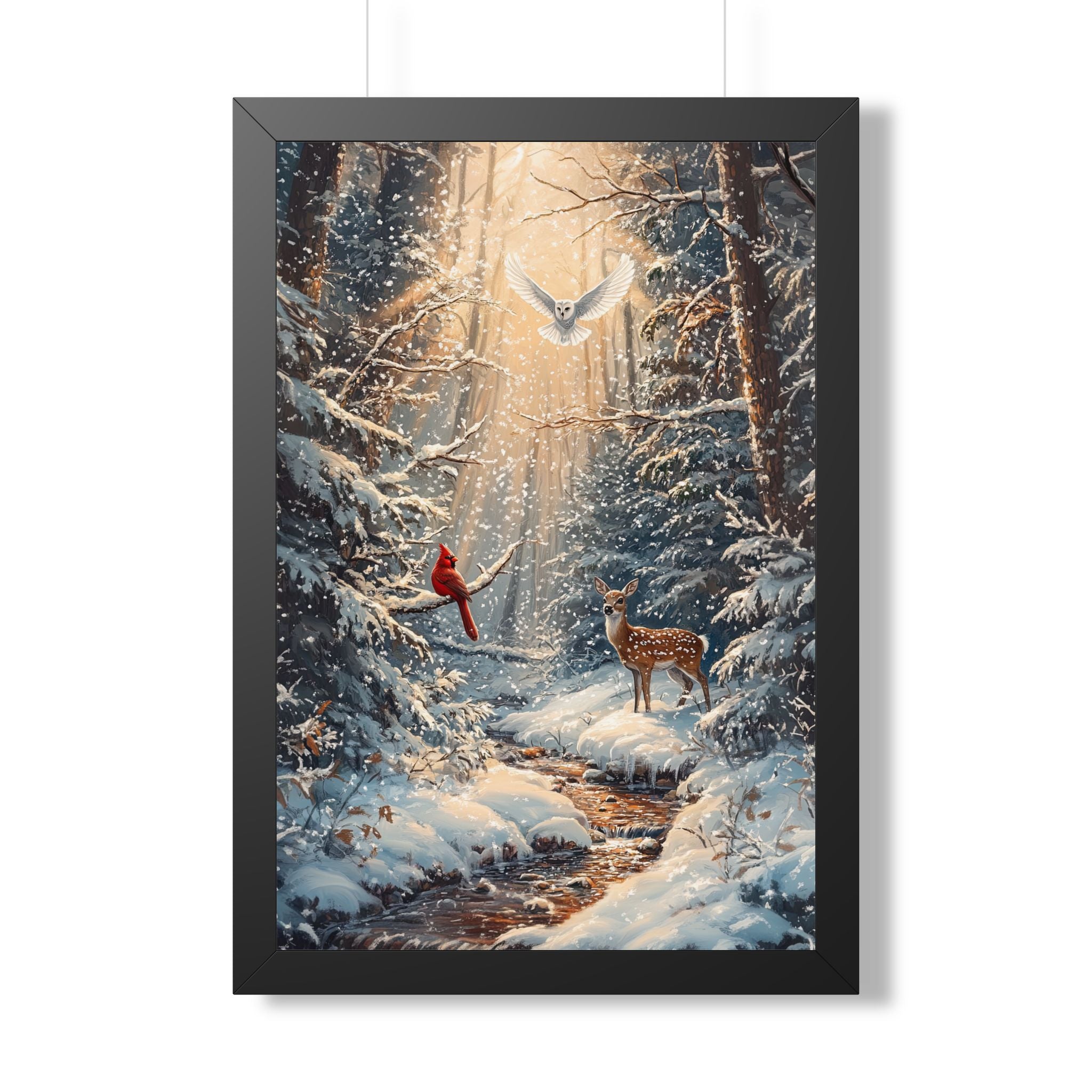 Framed Paper Print - Winter Cardinal Deer Owl
