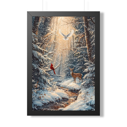 Framed Paper Print - Winter Cardinal Deer Owl