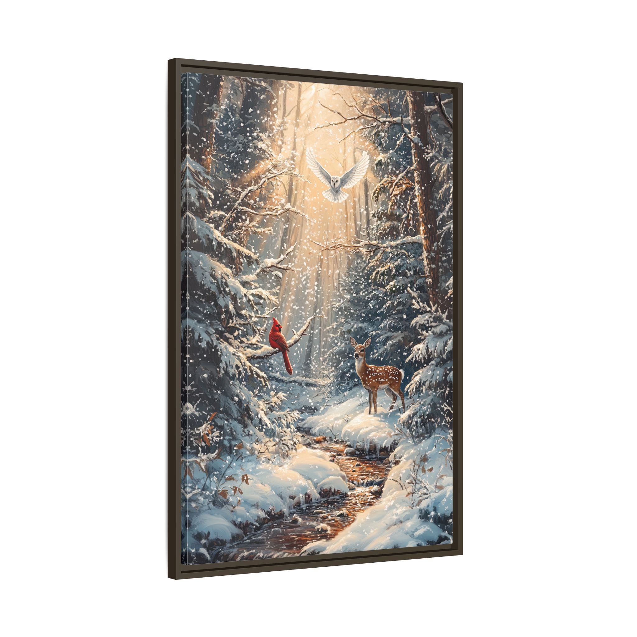 Framed Canvas - Winter Cardinal Deer Owl