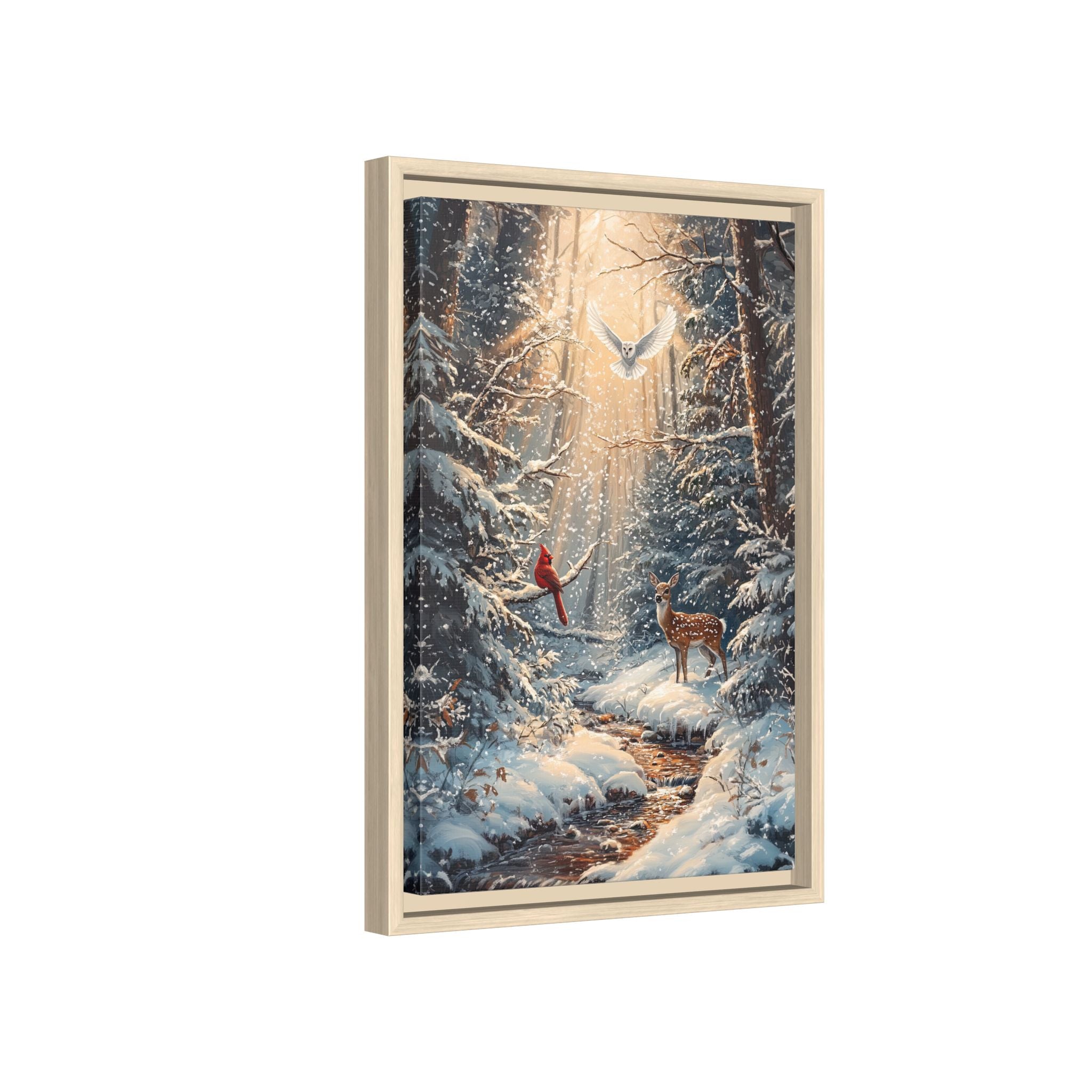 Framed Canvas - Winter Cardinal Deer Owl