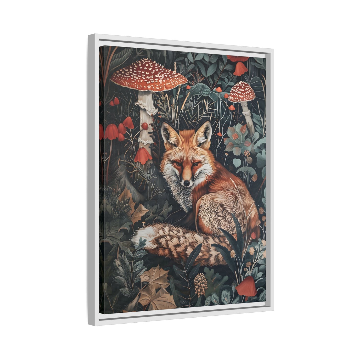 Framed Canvas - Forest Fox with Mushrooms