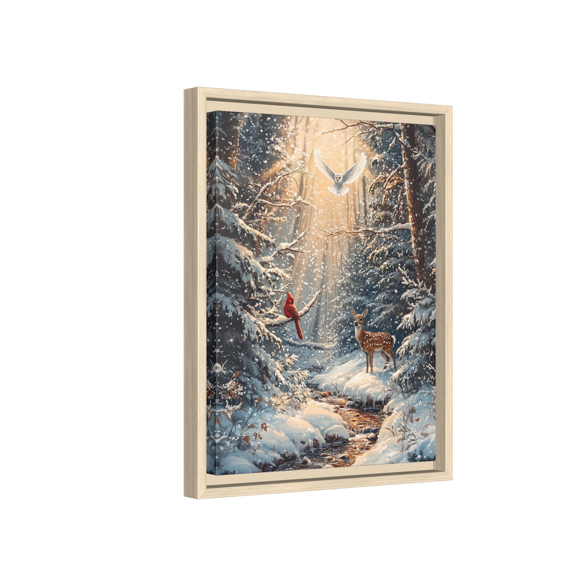 Framed Canvas - Winter Cardinal Deer Owl