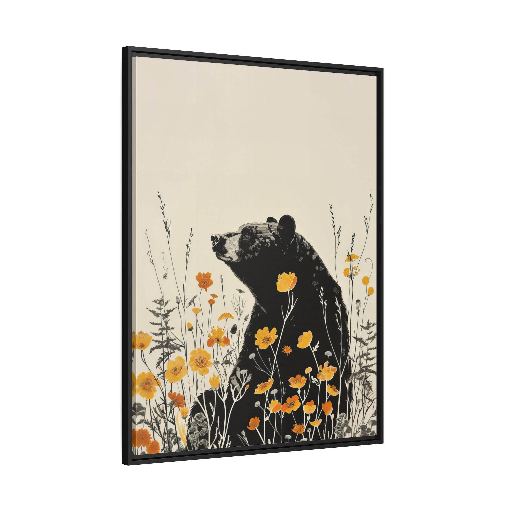 Framed Canvas - Black Bear in Wildflowers
