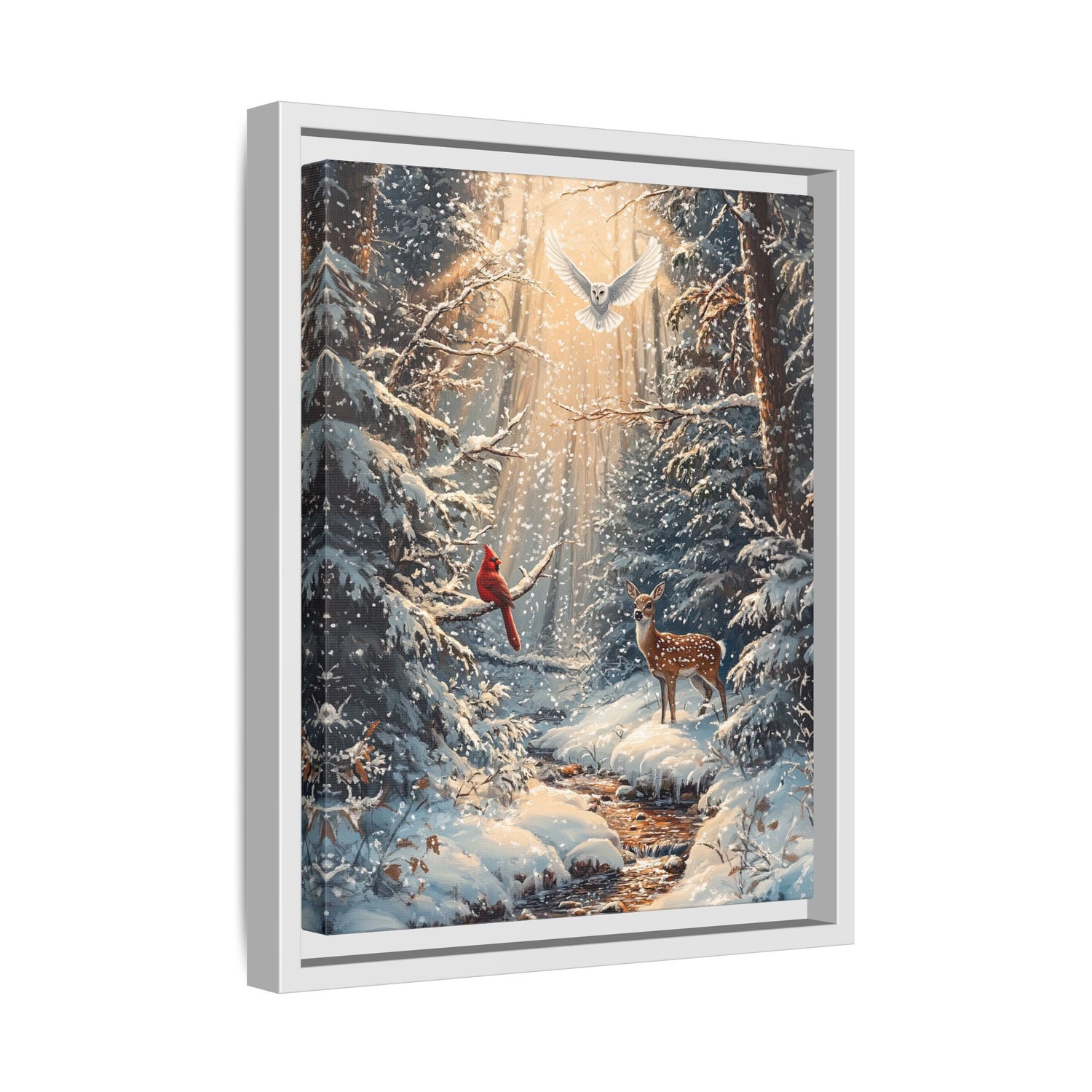 Framed Canvas - Winter Cardinal Deer Owl
