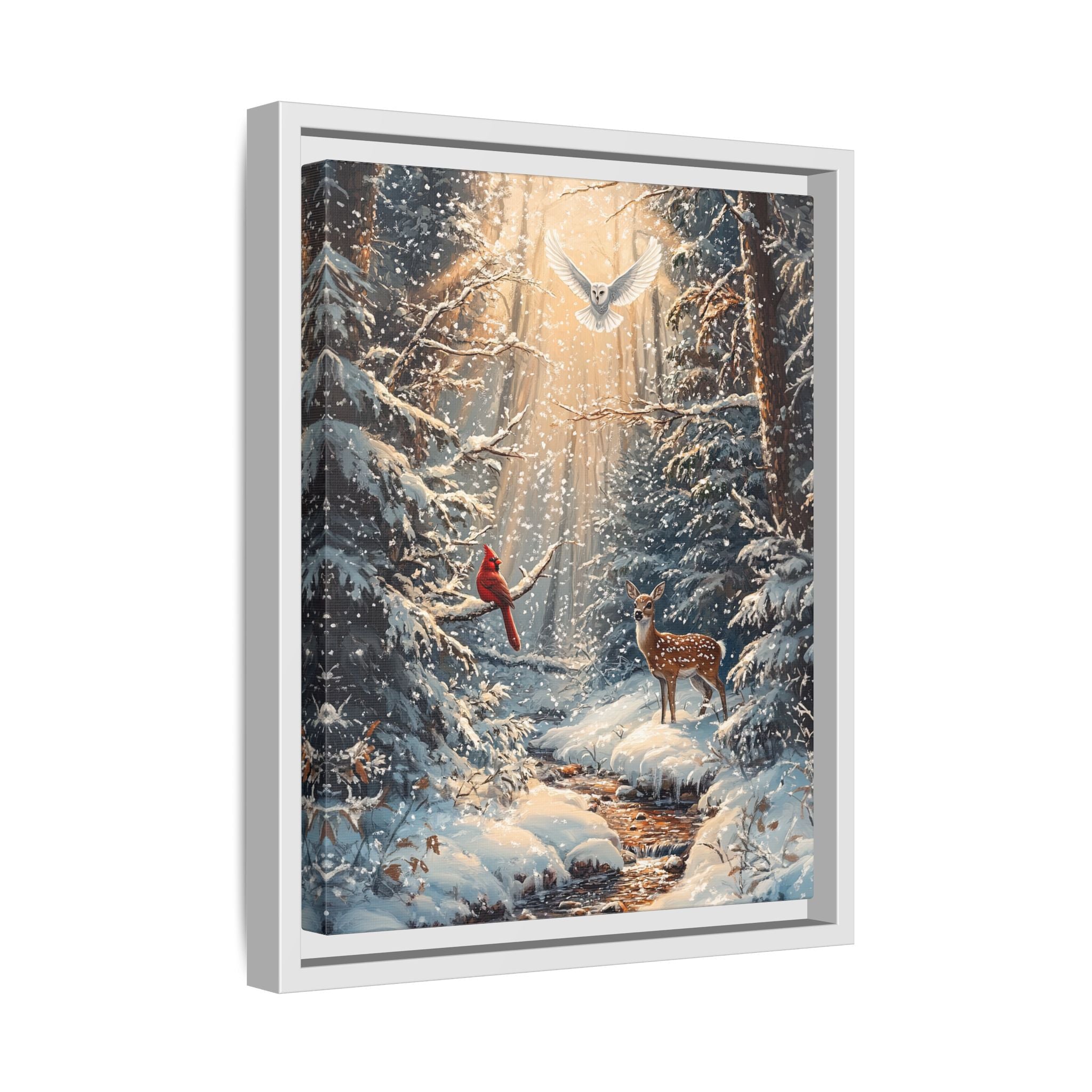 Framed Canvas - Winter Cardinal Deer Owl