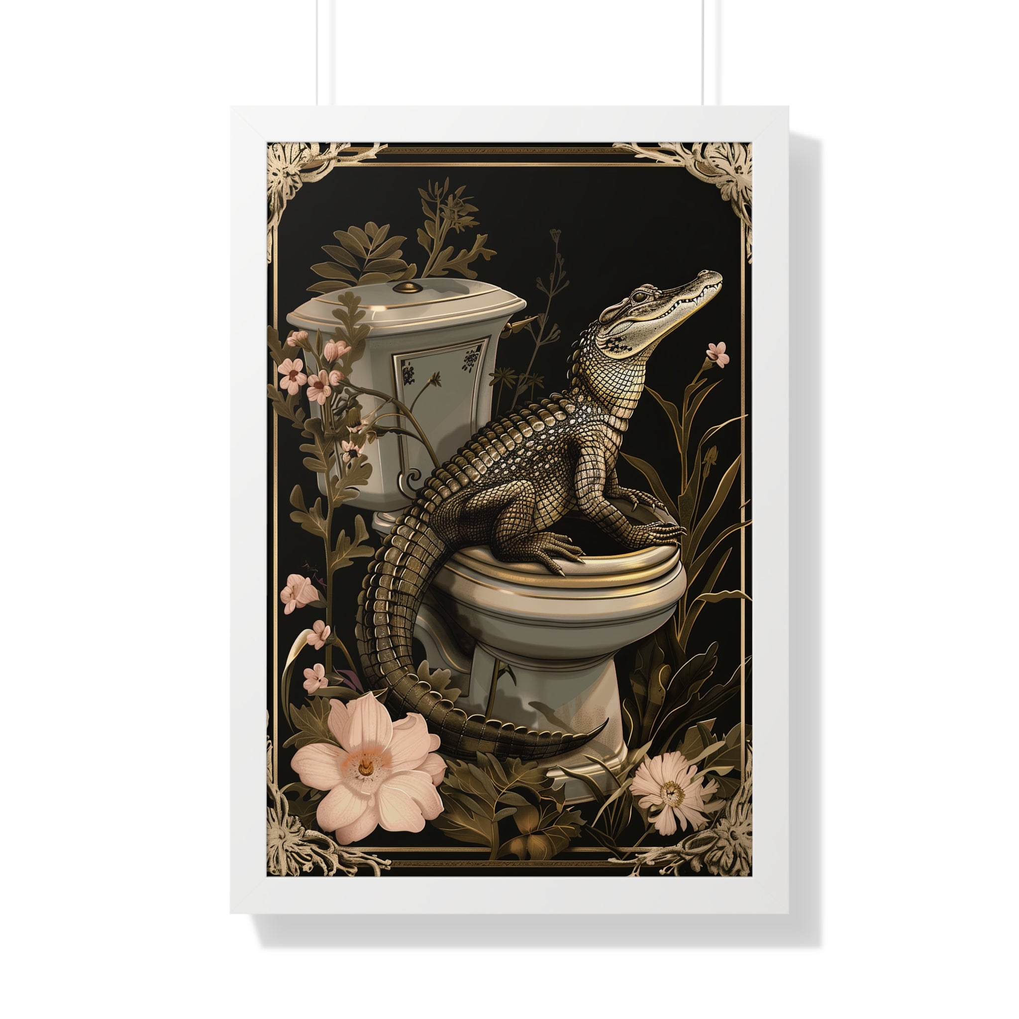 Framed Paper Print - Toilet Gator Floral Surprise