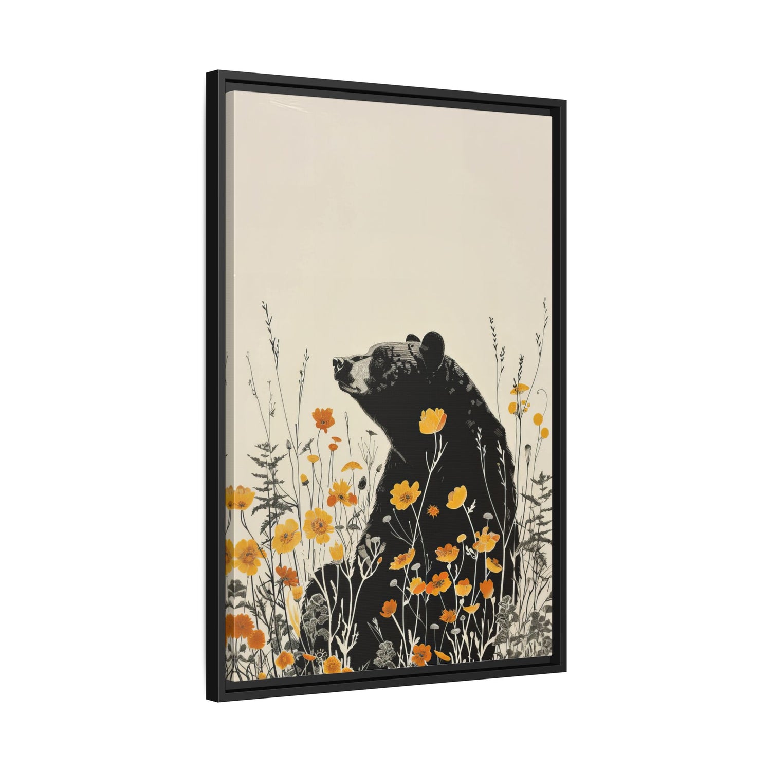 Framed Canvas - Black Bear in Wildflowers