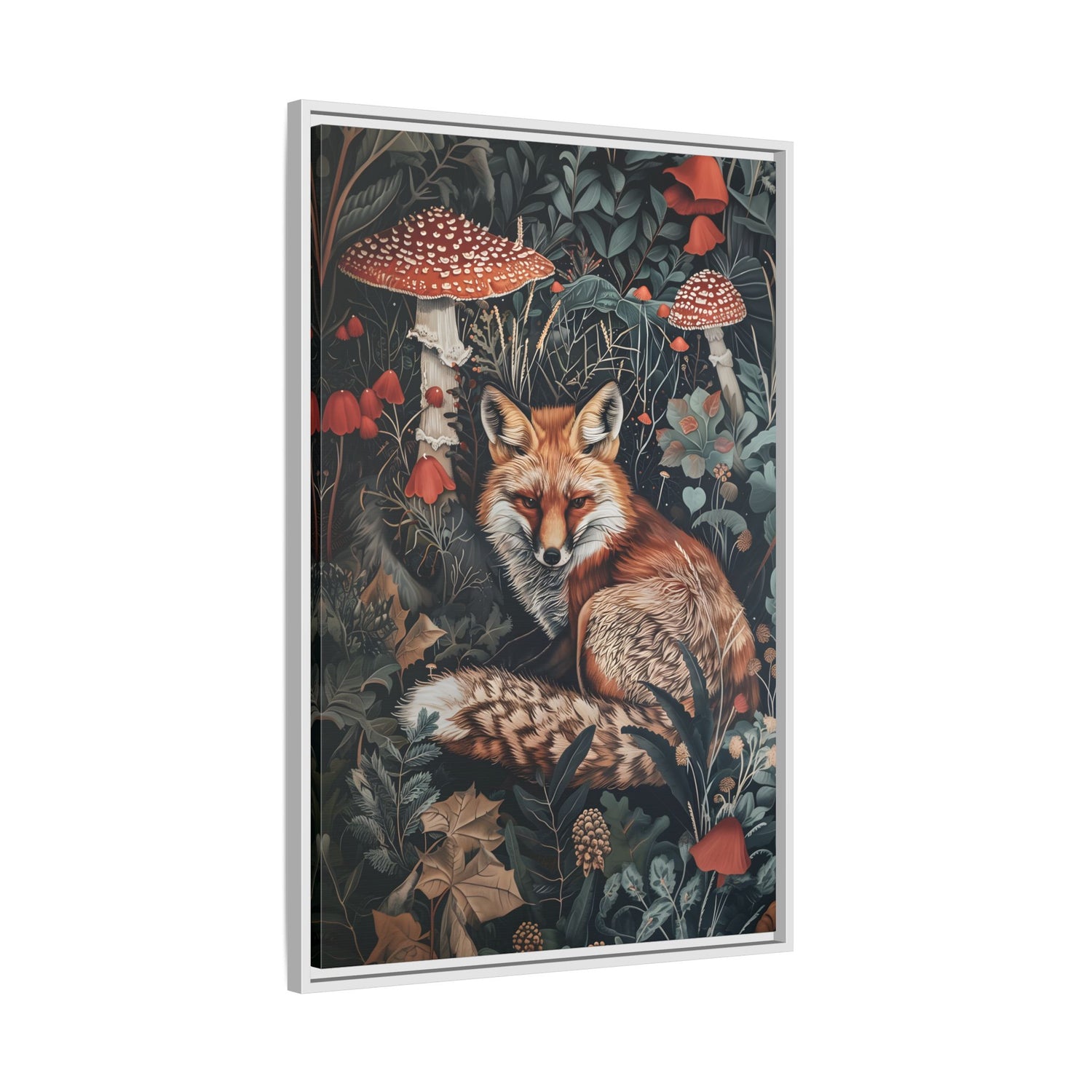 Framed Canvas - Forest Fox with Mushrooms
