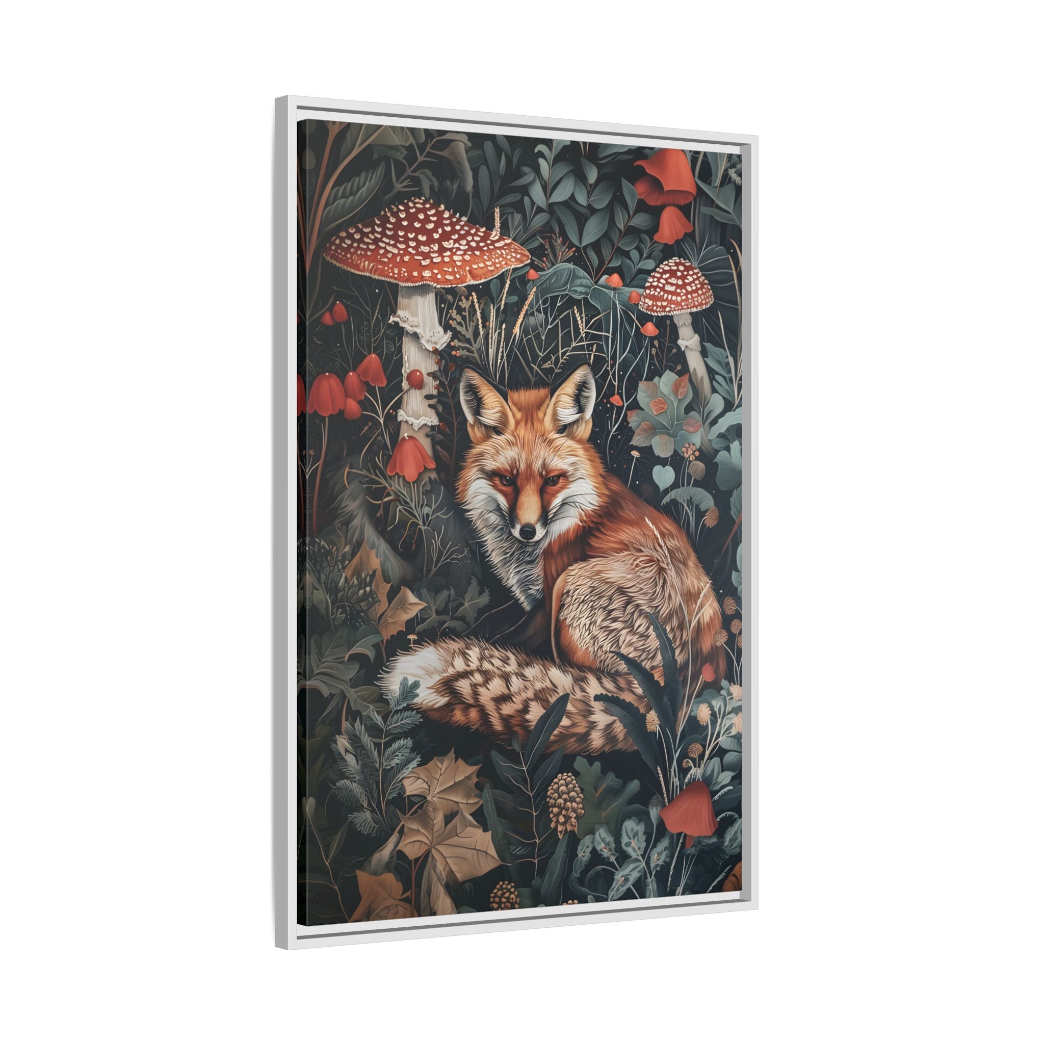 Framed Canvas - Forest Fox with Mushrooms