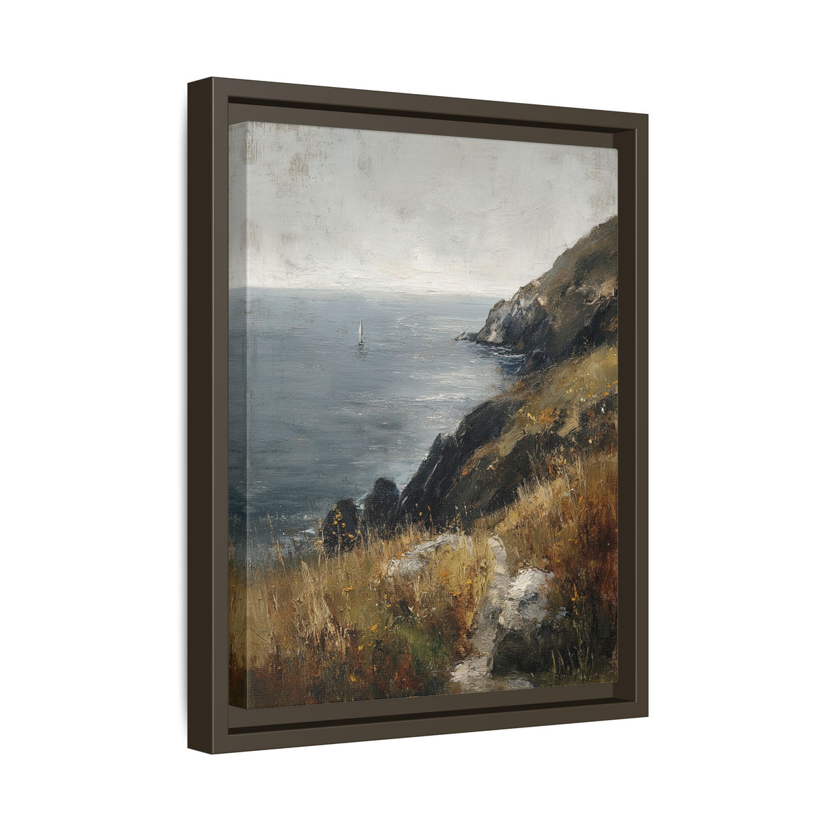 Framed Canvas - Cliffside Sailboat Seascape