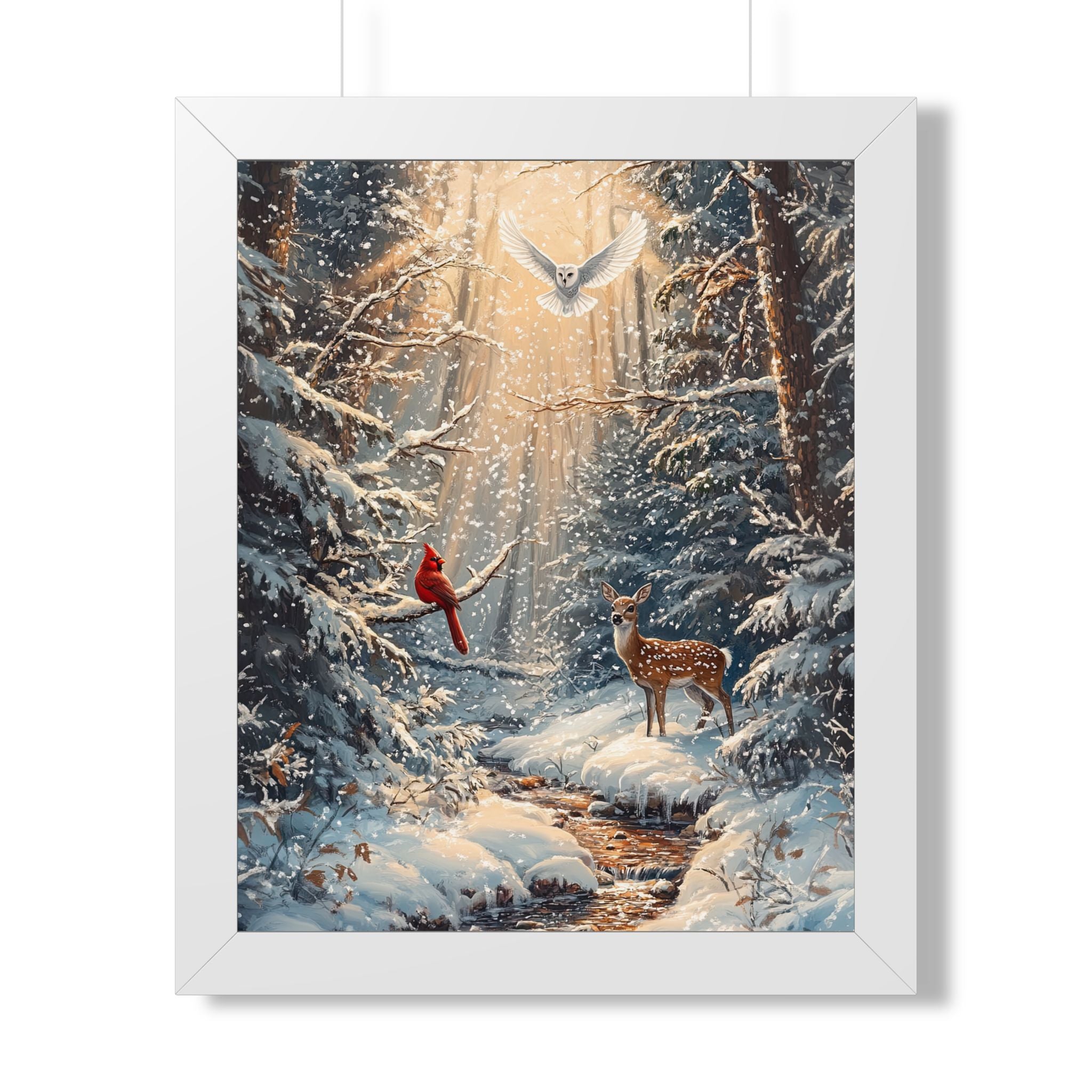 Framed Paper Print - Winter Cardinal Deer Owl
