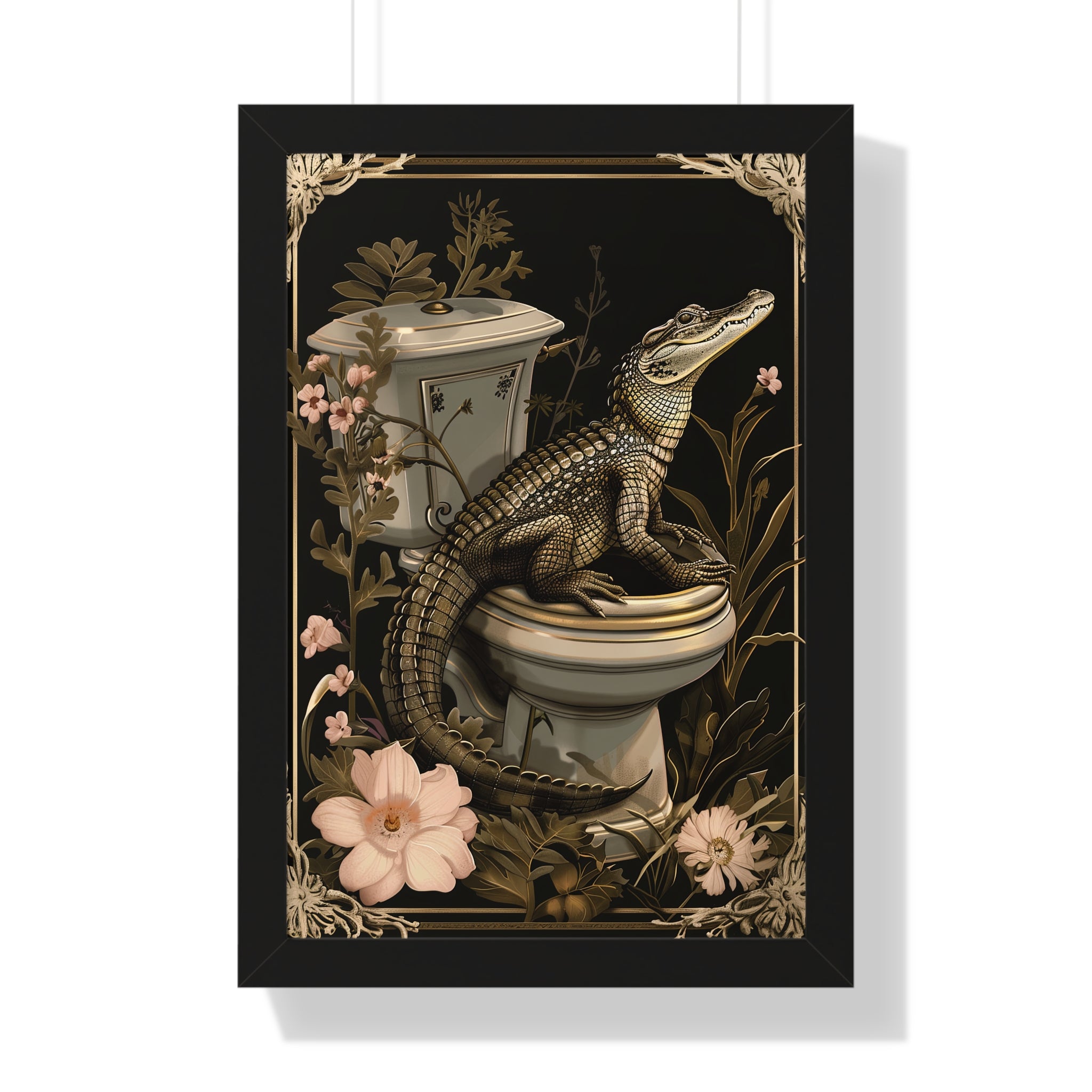 Framed Paper Print - Toilet Gator Floral Surprise