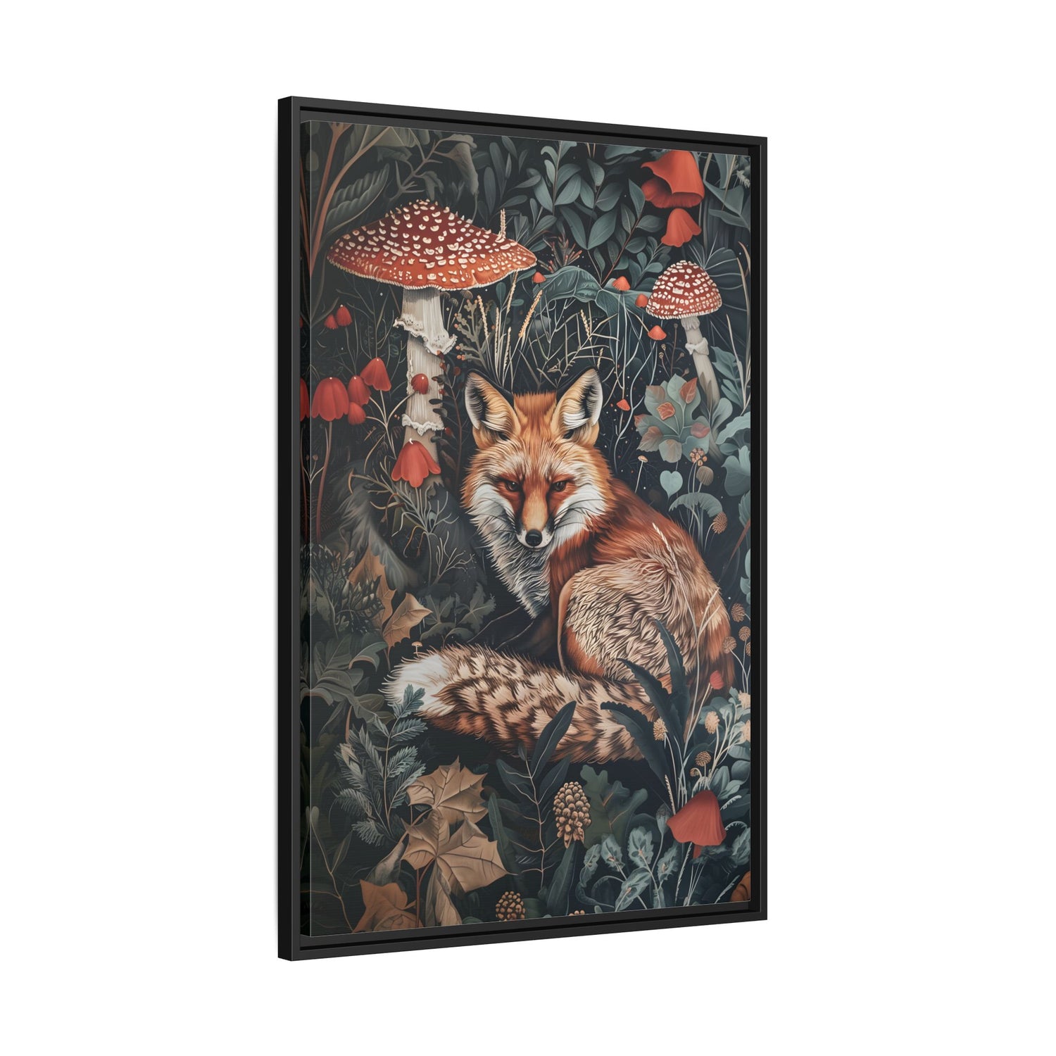 Framed Canvas - Forest Fox with Mushrooms