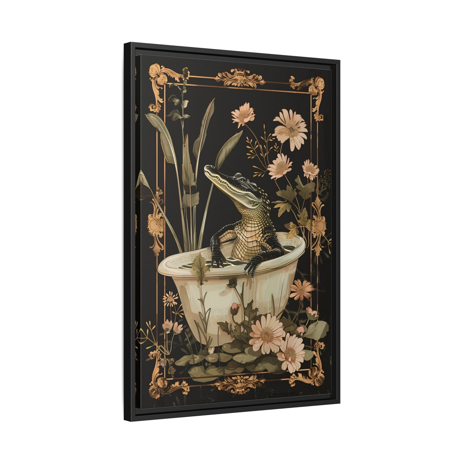 Framed Canvas - Crocodile in Bloom Bath Bliss