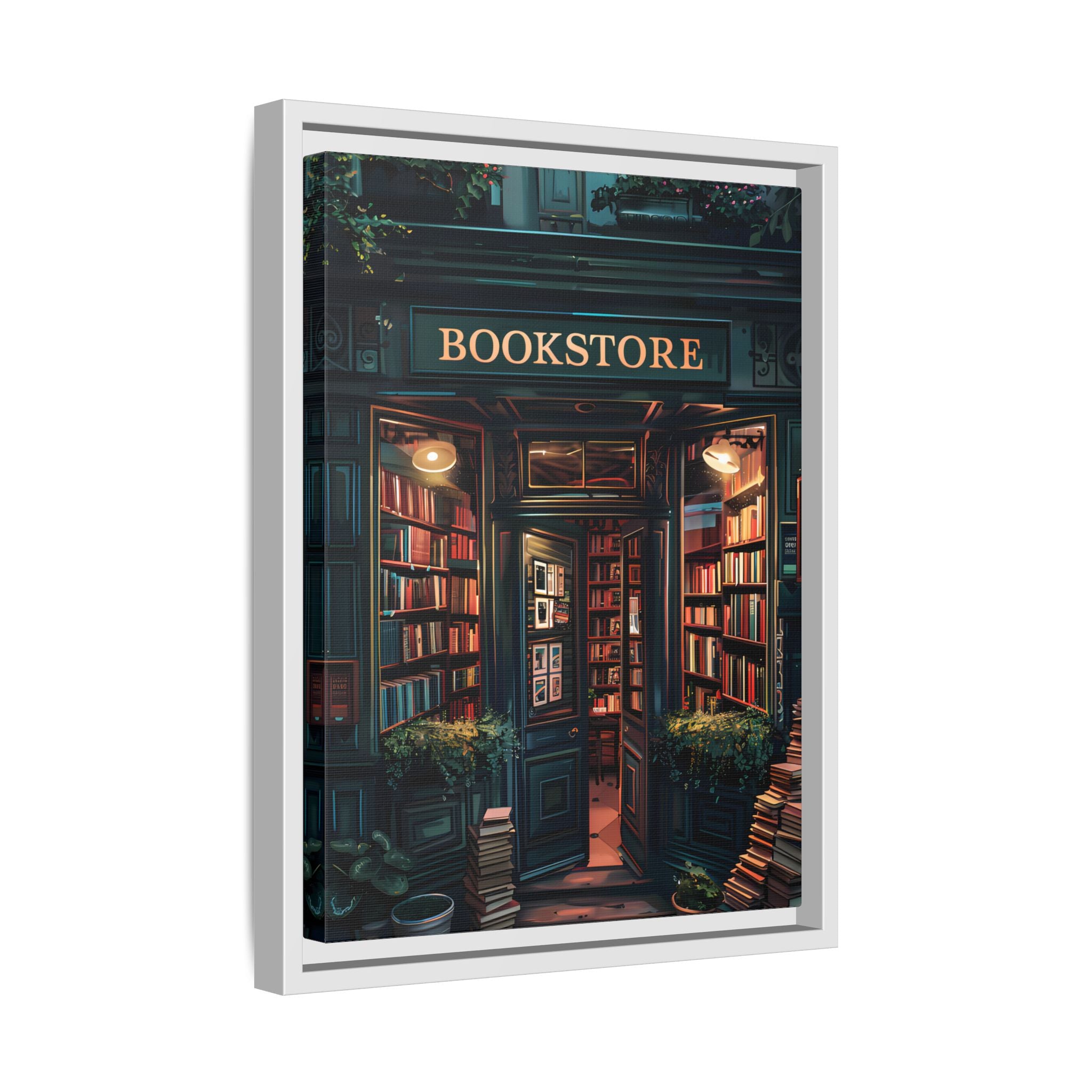 Framed Canvas - Midnight Bookstore Glow