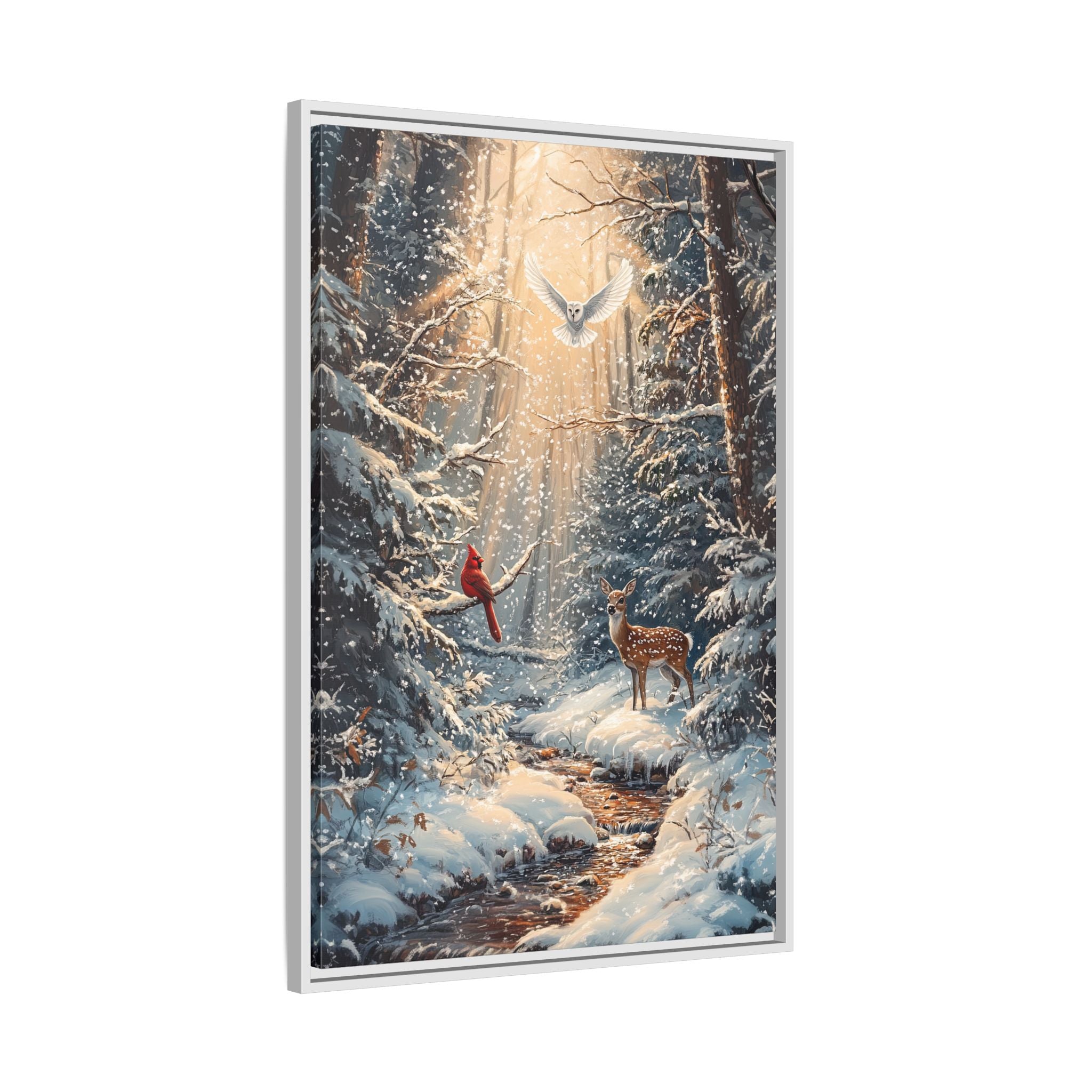 Framed Canvas - Winter Cardinal Deer Owl