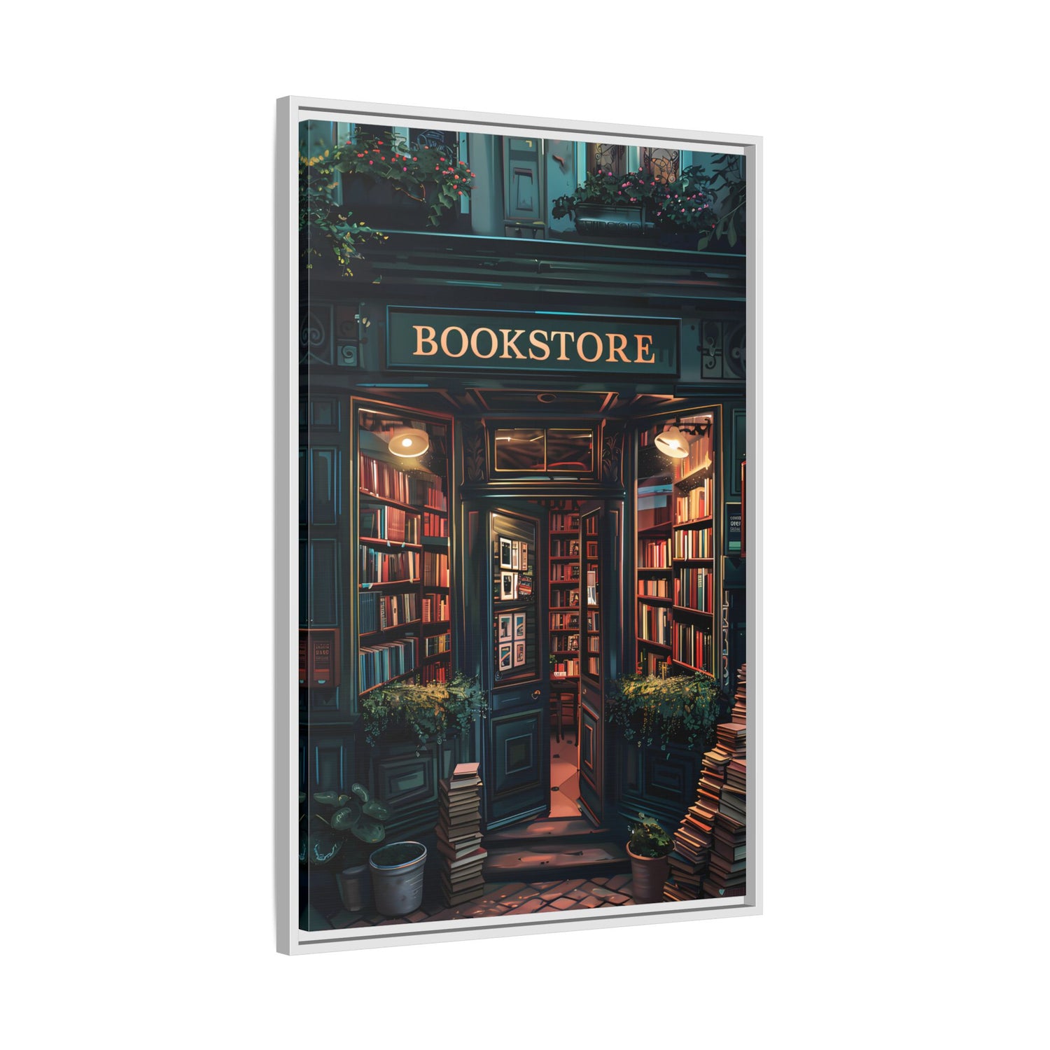 Framed Canvas - Midnight Bookstore Glow