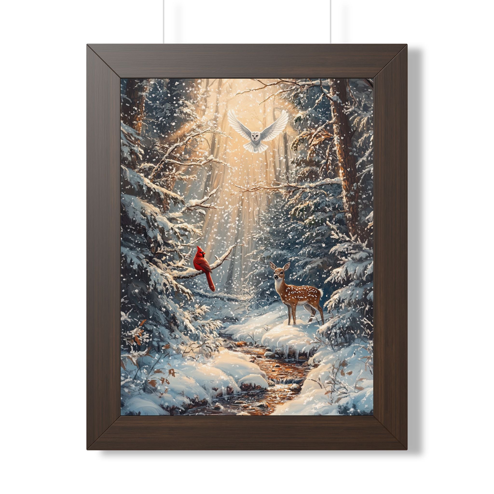 Framed Paper Print - Winter Cardinal Deer Owl