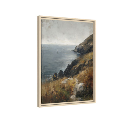 Framed Canvas - Cliffside Sailboat Seascape