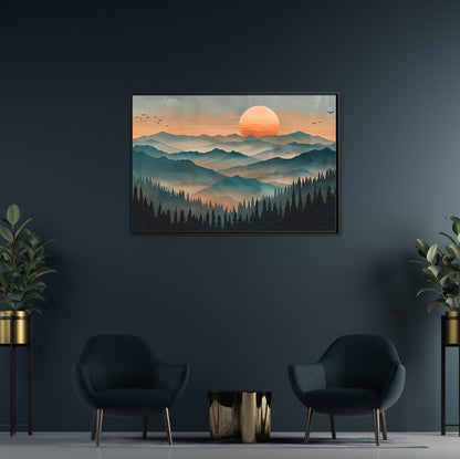 Framed Canvas - Sunset Serenity Mountain Range