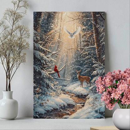 .75" Matte Canvas - Winter Cardinal Deer Owl