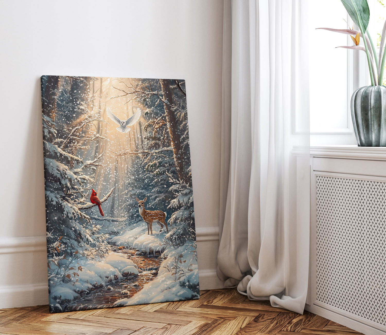 .75" Matte Canvas - Winter Cardinal Deer Owl