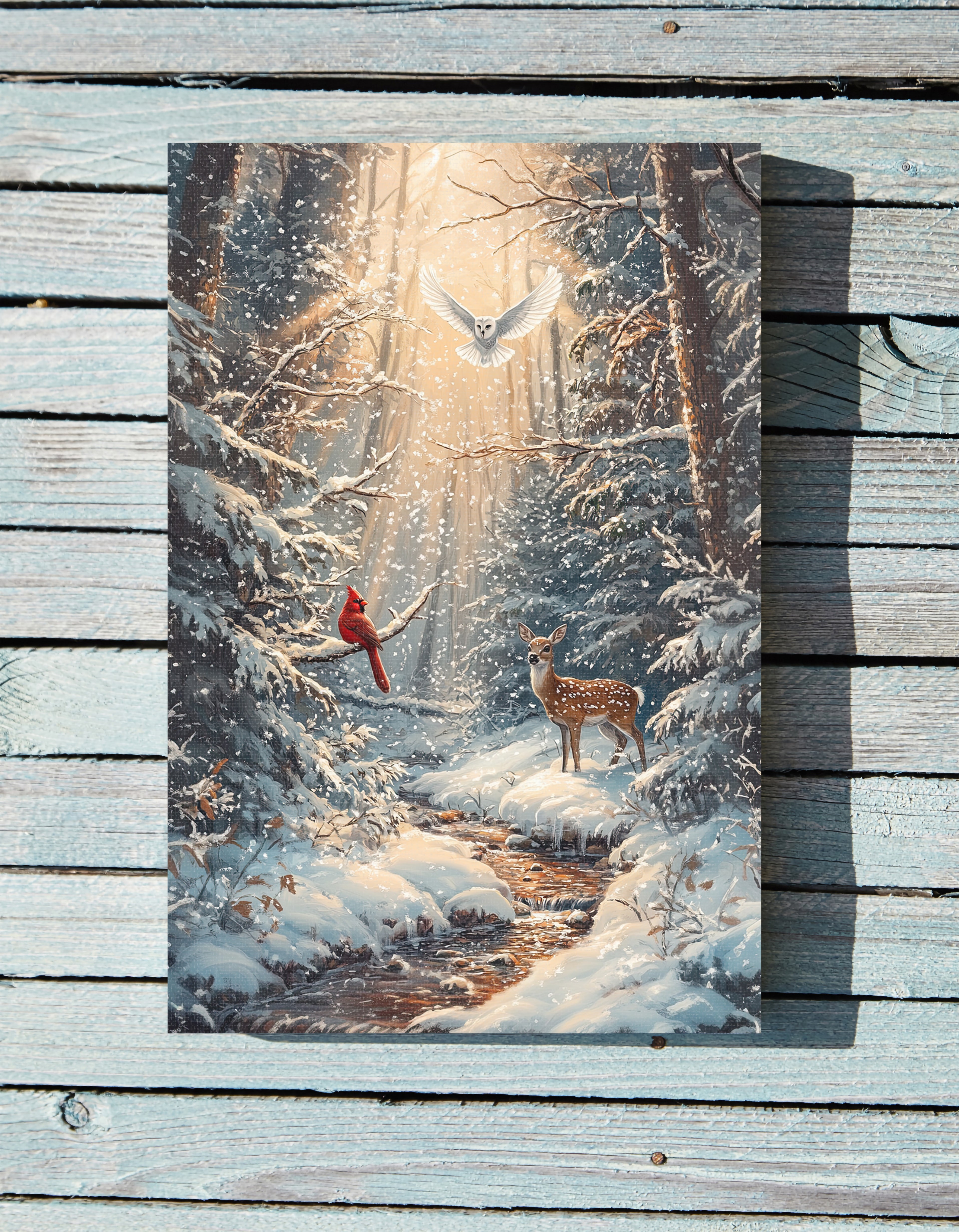 .75" Matte Canvas - Winter Cardinal Deer Owl