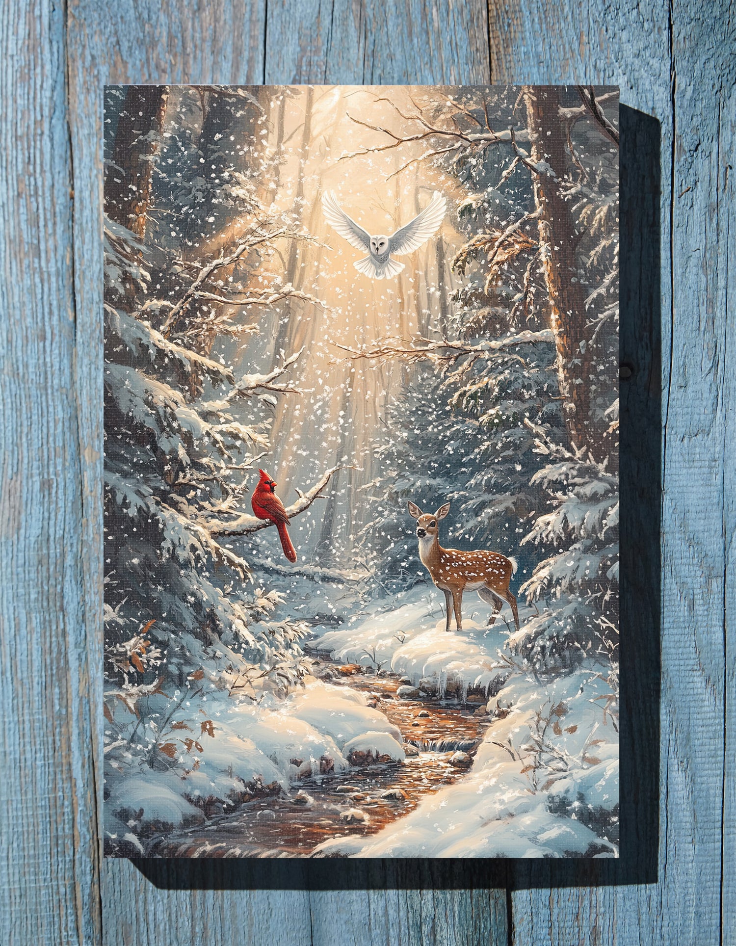 .75" Matte Canvas - Winter Cardinal Deer Owl