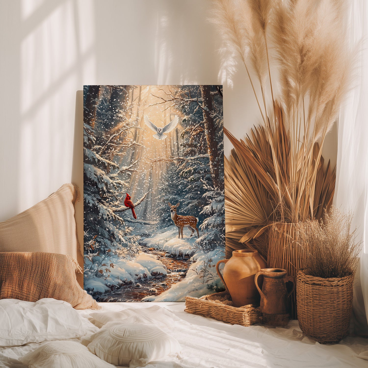 .75" Matte Canvas - Winter Cardinal Deer Owl