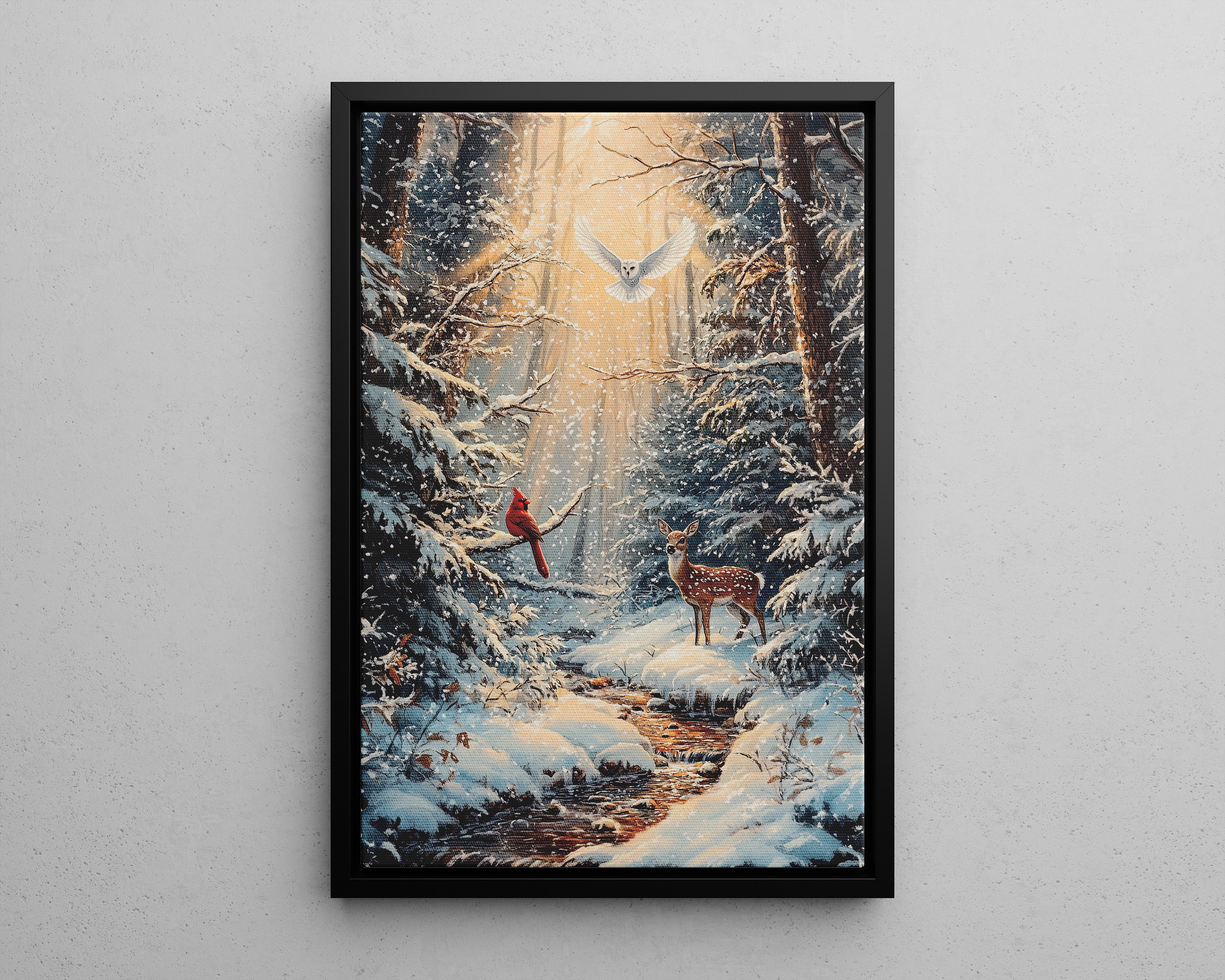 Framed Canvas - Winter Cardinal Deer Owl