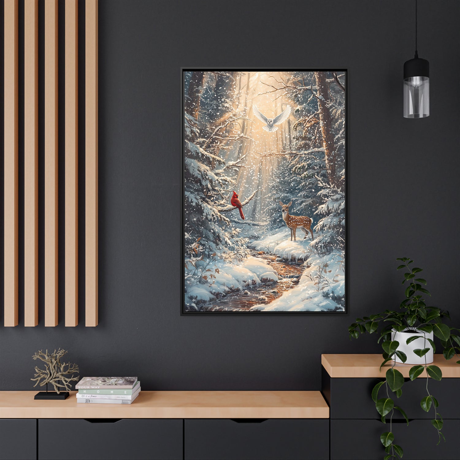 Framed Canvas - Winter Cardinal Deer Owl