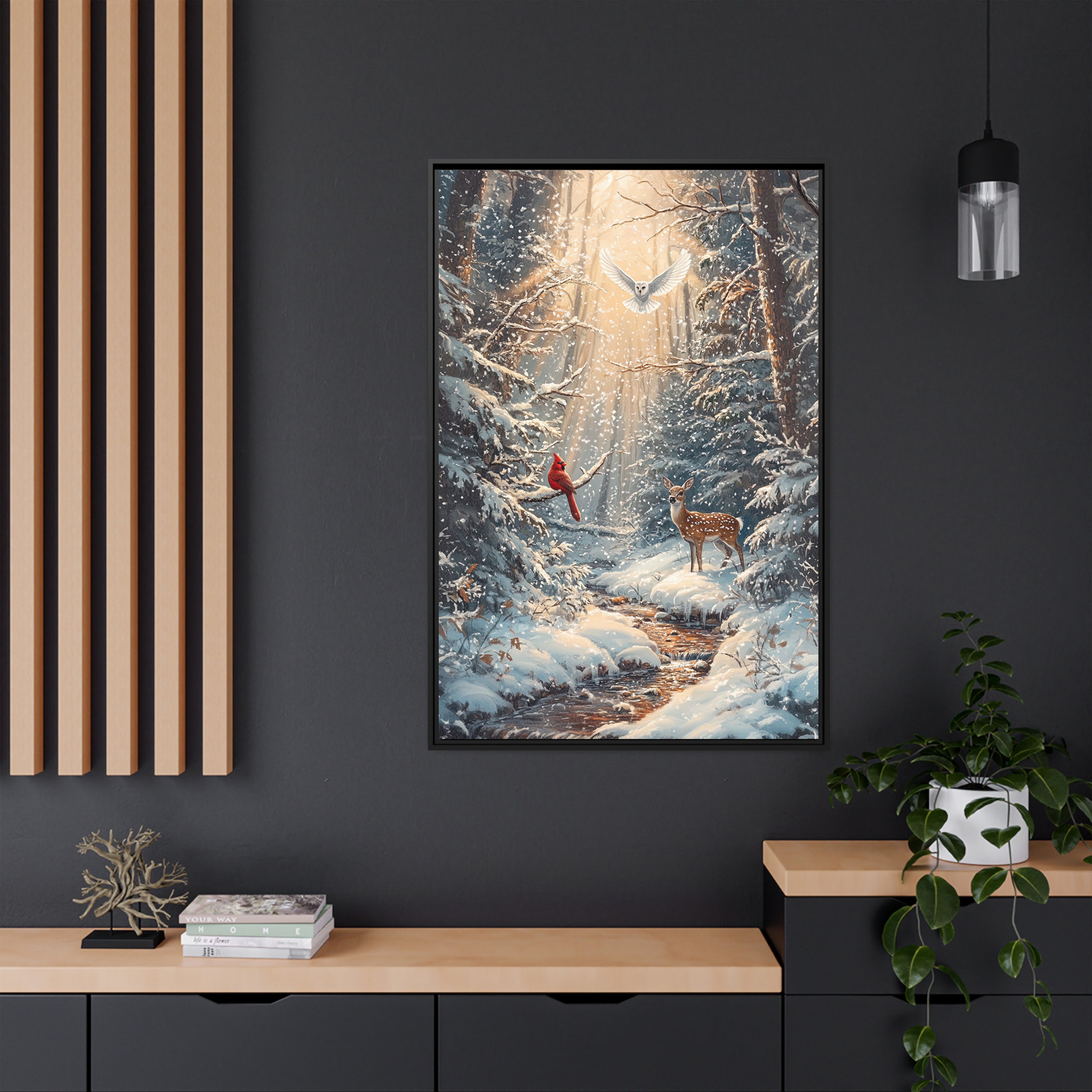 Framed Canvas - Winter Cardinal Deer Owl