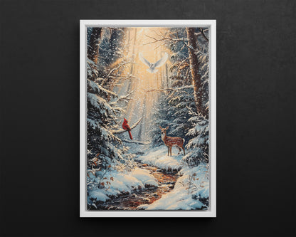 Framed Canvas - Winter Cardinal Deer Owl