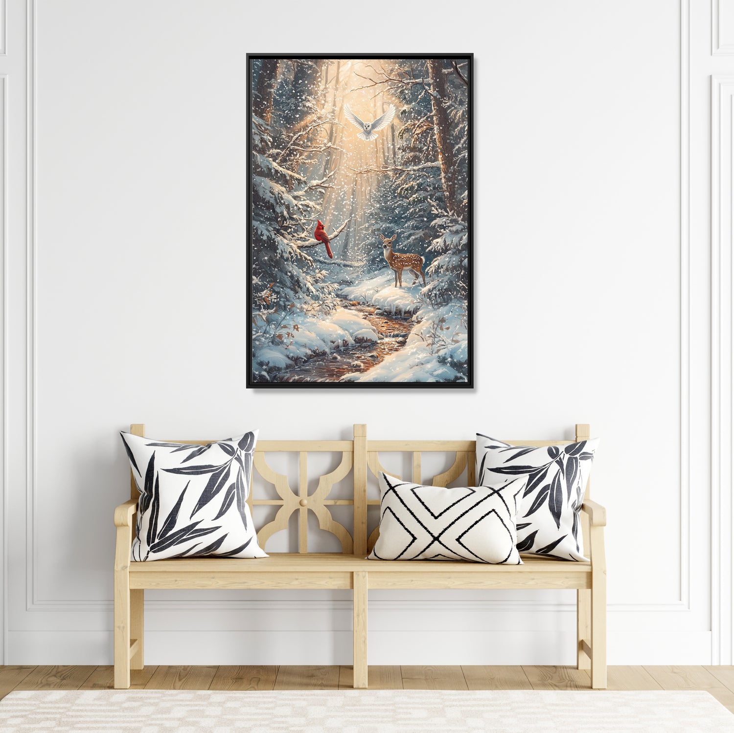 Framed Canvas - Winter Cardinal Deer Owl
