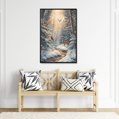 Framed Canvas - Winter Cardinal Deer Owl