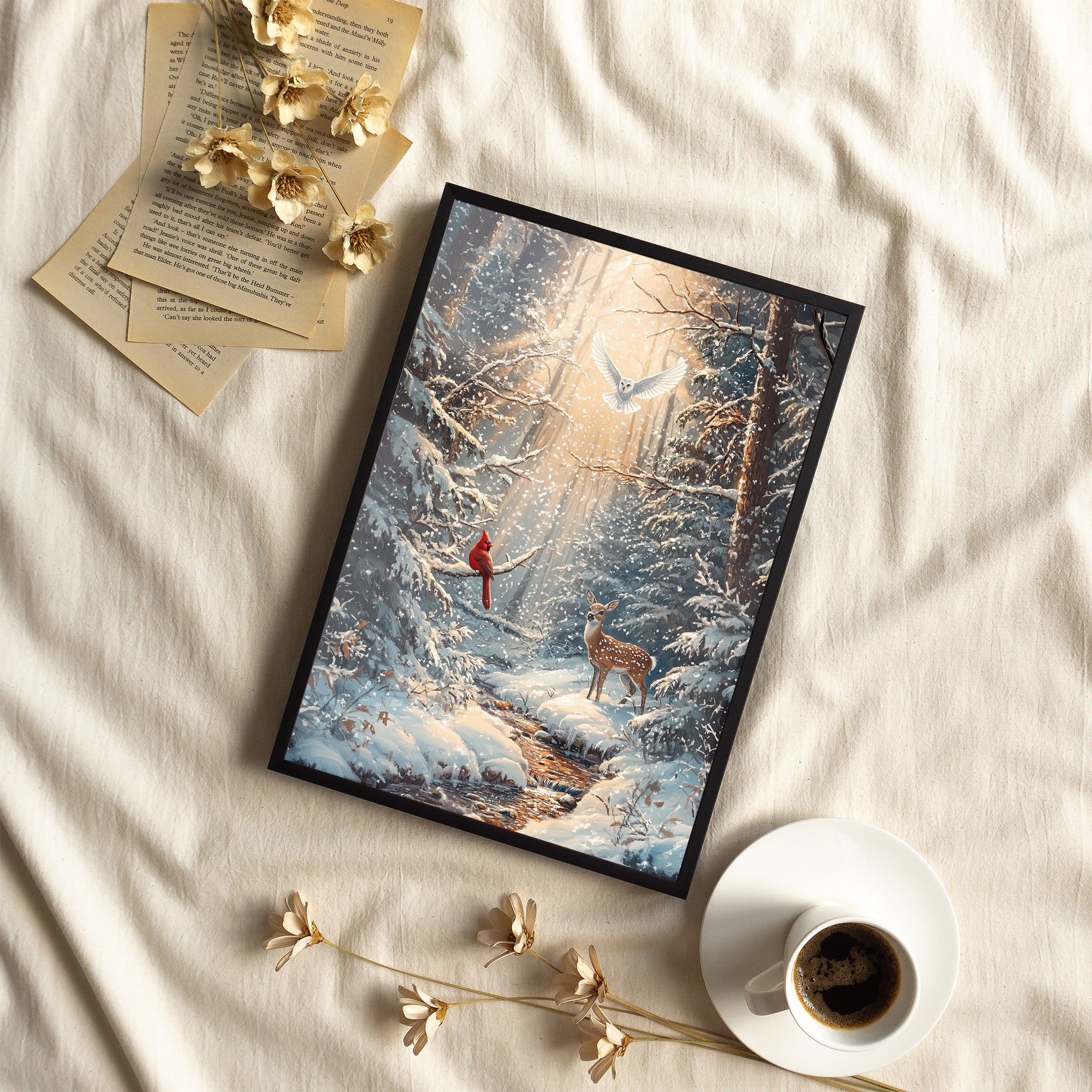 Framed Paper Print - Winter Cardinal Deer Owl