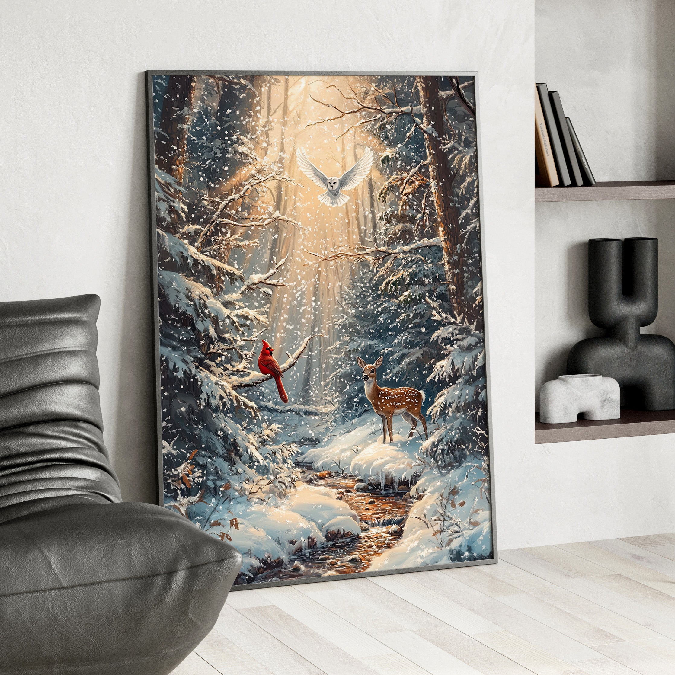 Framed Paper Print - Winter Cardinal Deer Owl